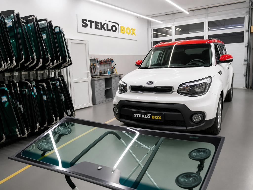 Автомобиль и подготовленное стекло в рабочей зоне STEKLOBOX Выхино