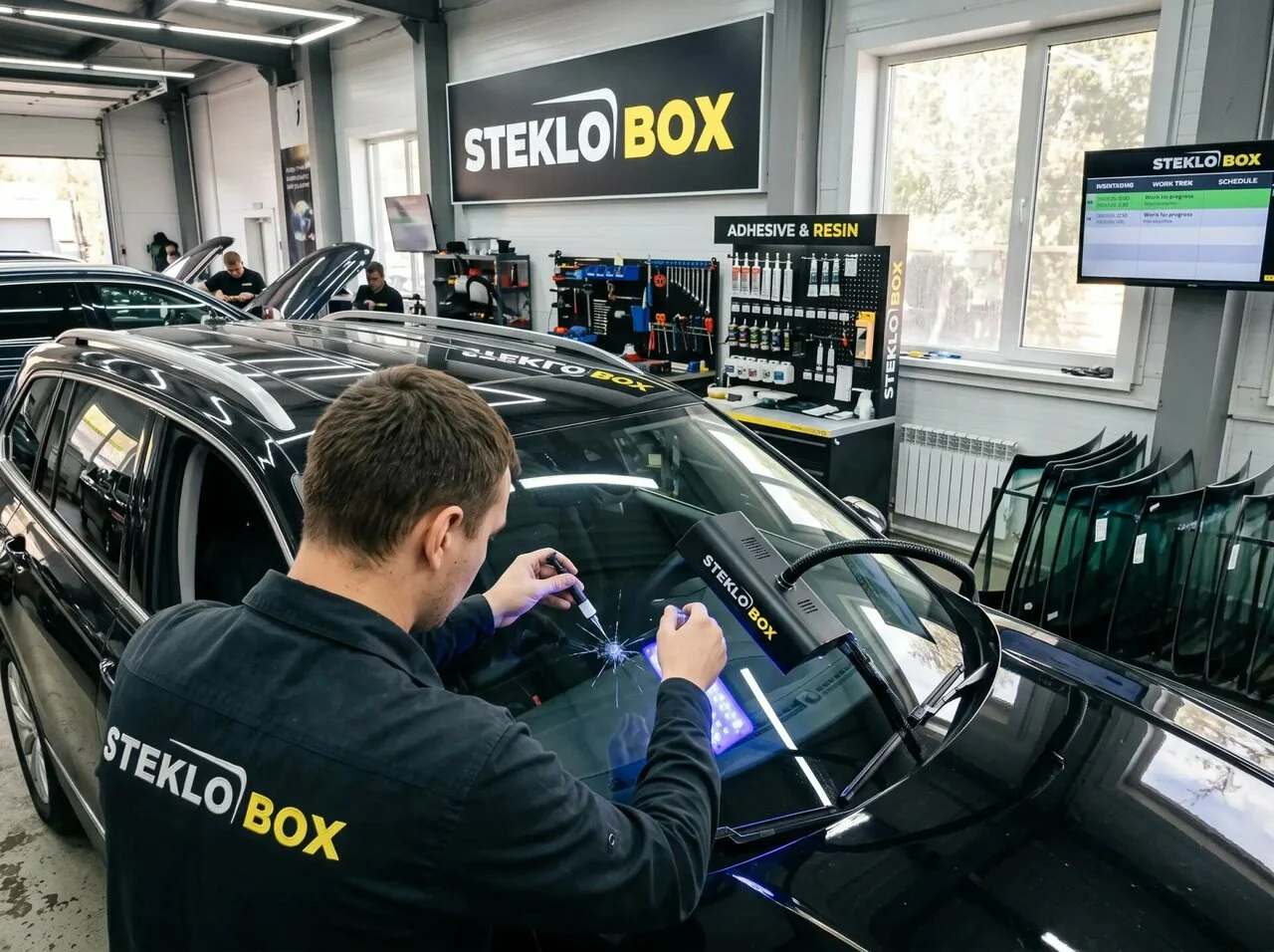 Мастер STEKLOBOX ремонтирует скол в центре Юго-Запад
